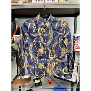 LRL Ralph Lauren Equestrian Bridle Chain Peplum Button Shirt Top Navy Womens 6